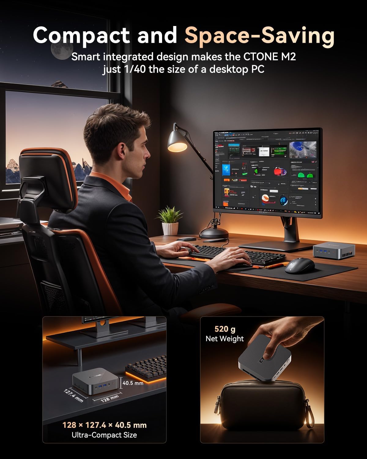 The CTONE M2 mini PC features an Intel Core i9-14900HX processor (up to 5.8 GHz), 32GB of DDR4 memory, a 1TB NVMe SSD